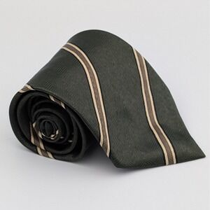 Romario Manzini Mens Tie Green Brown Striped Herringbone Weave Polyester 59x3.75